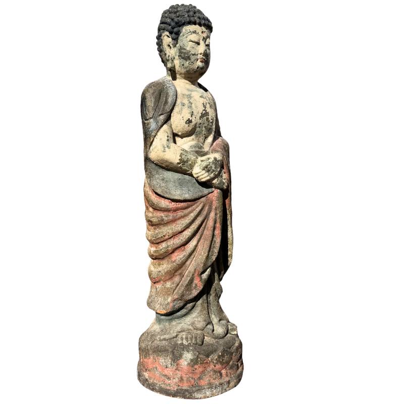 Old Chinese Guanyin – Polychrome Carved Wood, 80 cm – left three-quarter rear view