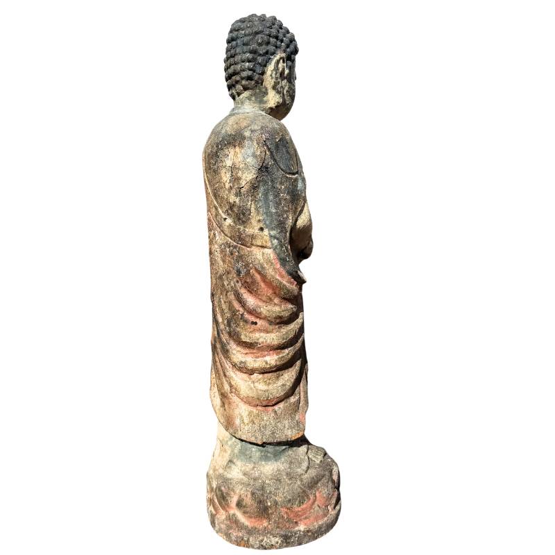 Old Chinese Guanyin – Polychrome Carved Wood, 80 cm – right-side view