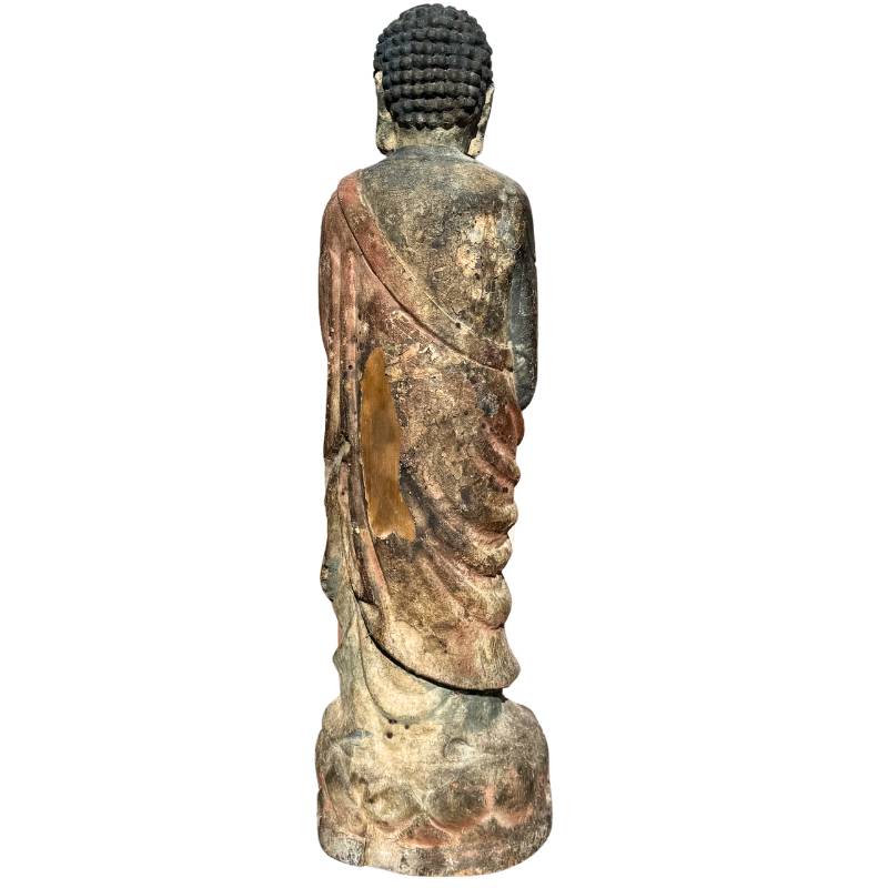 Old Chinese Guanyin – Polychrome Carved Wood, 80 cm – opposite three-quarter front view