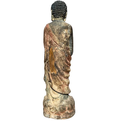 Old Chinese Guanyin – Polychrome Carved Wood, 80 cm – opposite three-quarter front view