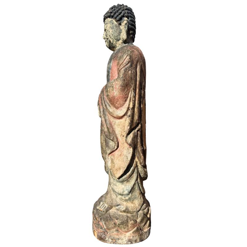 Old Chinese Guanyin – Polychrome Carved Wood, 80 cm – close view of the lower section
