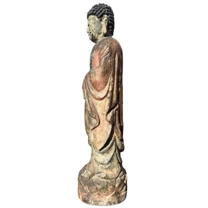 Old Chinese Guanyin – Polychrome Carved Wood, 80 cm – close view of the lower section