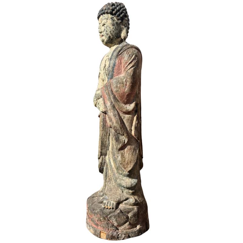 Old Chinese Guanyin – Polychrome Carved Wood, 80 cm – underside and base view