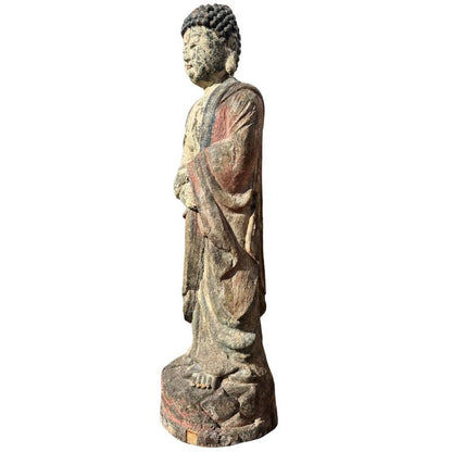 Old Chinese Guanyin – Polychrome Carved Wood, 80 cm – underside and base view