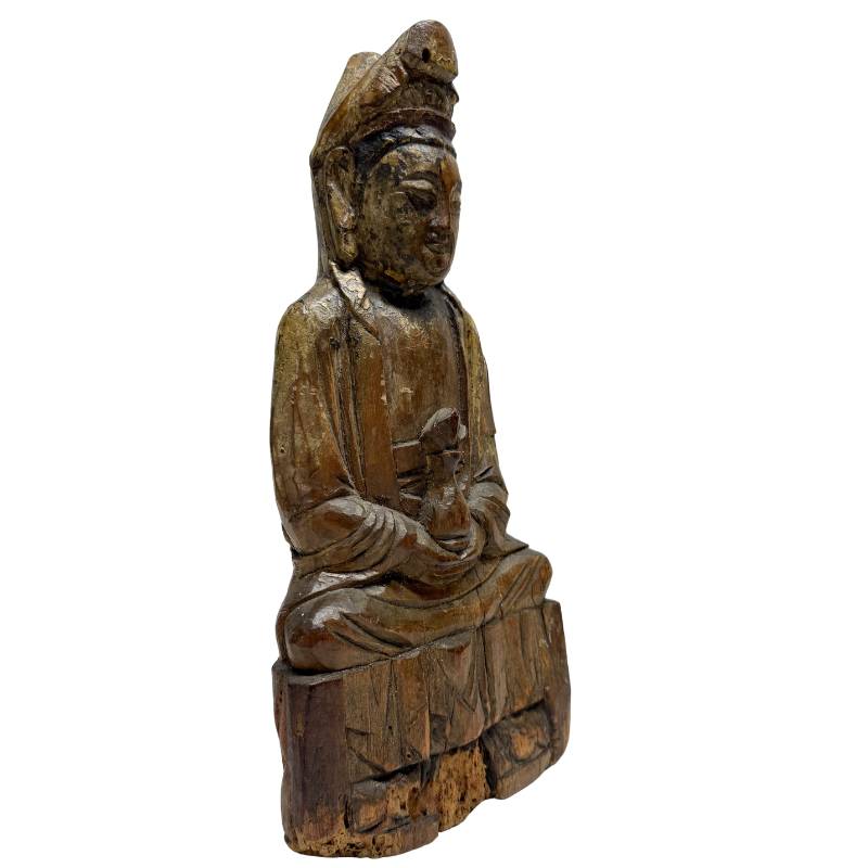 Old Chinese Guanyin with Ritual Cavity – Carved Wood, 31 cm – three-quarter front view