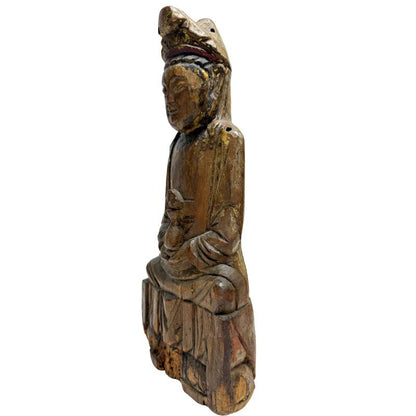 Old Chinese Guanyin with Ritual Cavity – Carved Wood, 31 cm – opposite three-quarter front view