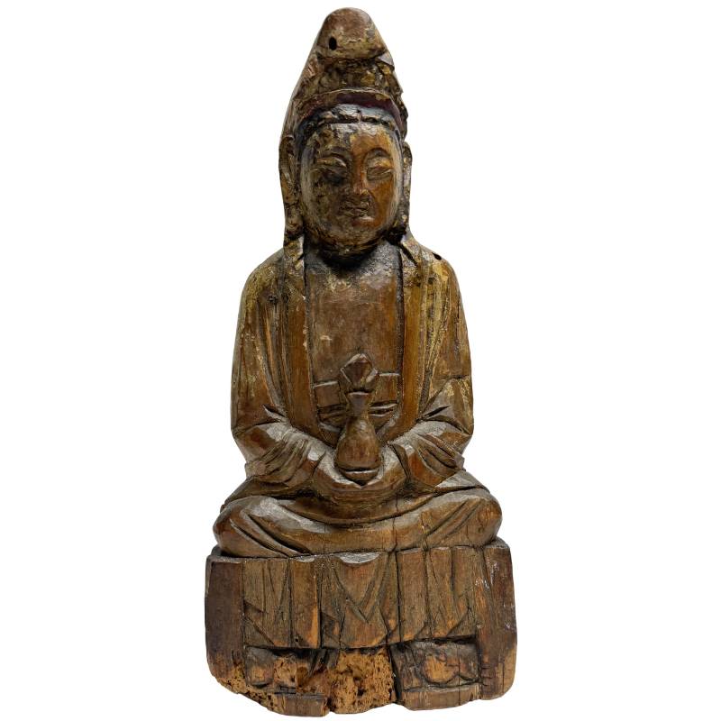 Old Chinese Guanyin with Ritual Cavity – Carved Wood, 31 cm – front view