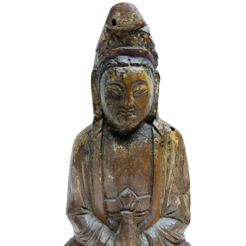Old Chinese Guanyin with Ritual Cavity – Carved Wood, 31 cm – close view of the upper section