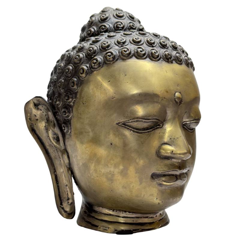 Old Gilt Buddha Head – Bronze, South / Southeast Asia, 32 cm – three-quarter front view