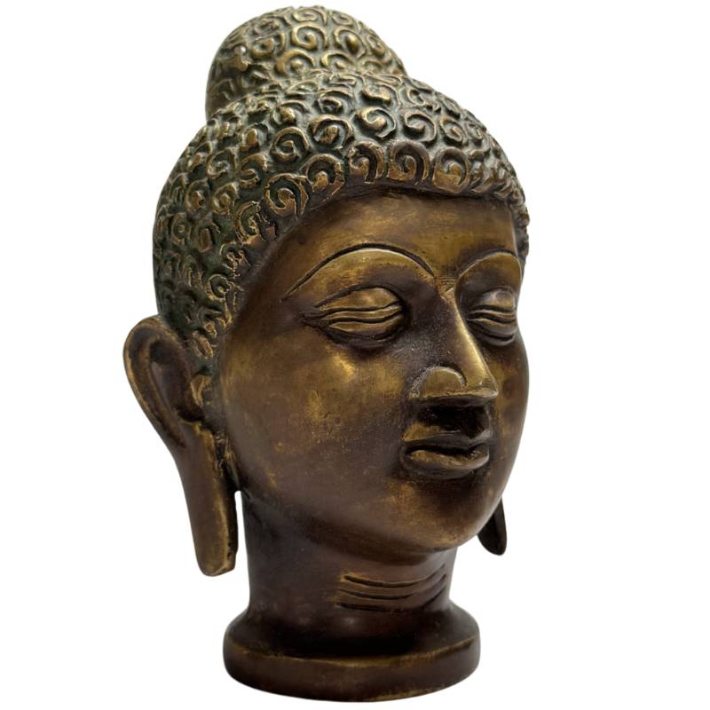 Old Indian Buddha Head – Bronze, 15 cm – three-quarter front view
