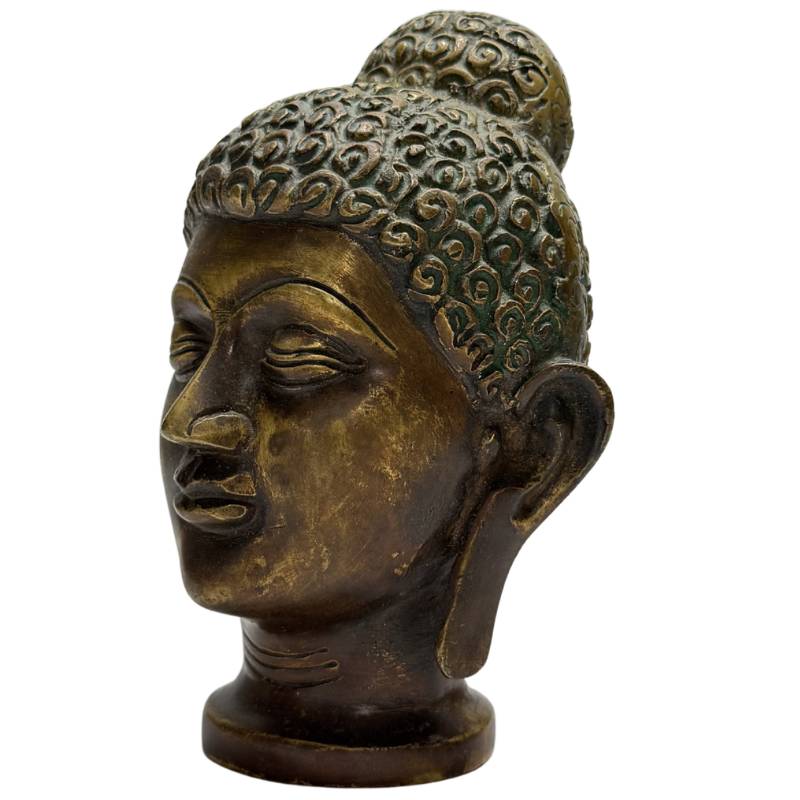 Old Indian Buddha Head – Bronze, 15 cm – opposite three-quarter front view