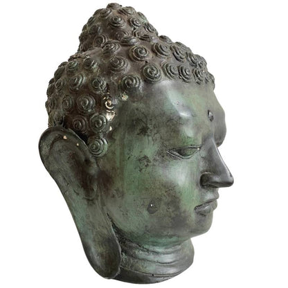 Old Thai Bronze Buddha Head with Serene Expression – three-quarter front view