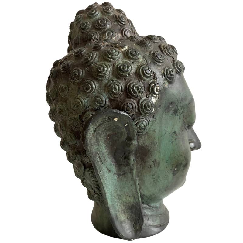 Old Thai Bronze Buddha Head with Serene Expression – left-side view