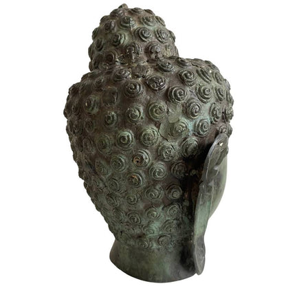 Old Thai Bronze Buddha Head with Serene Expression – left three-quarter rear view