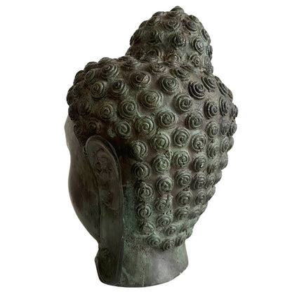 Old Thai Bronze Buddha Head with Serene Expression – right three-quarter rear view