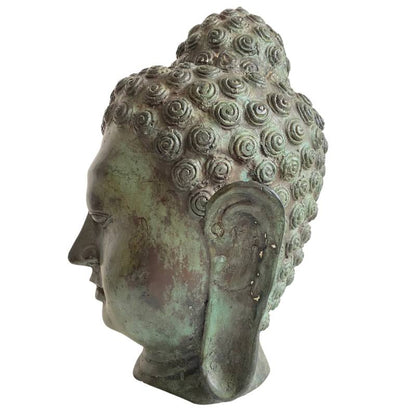 Old Thai Bronze Buddha Head with Serene Expression – right-side view