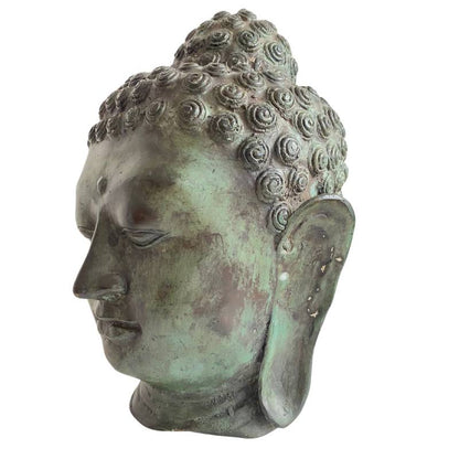 Old Thai Bronze Buddha Head with Serene Expression – opposite three-quarter front view