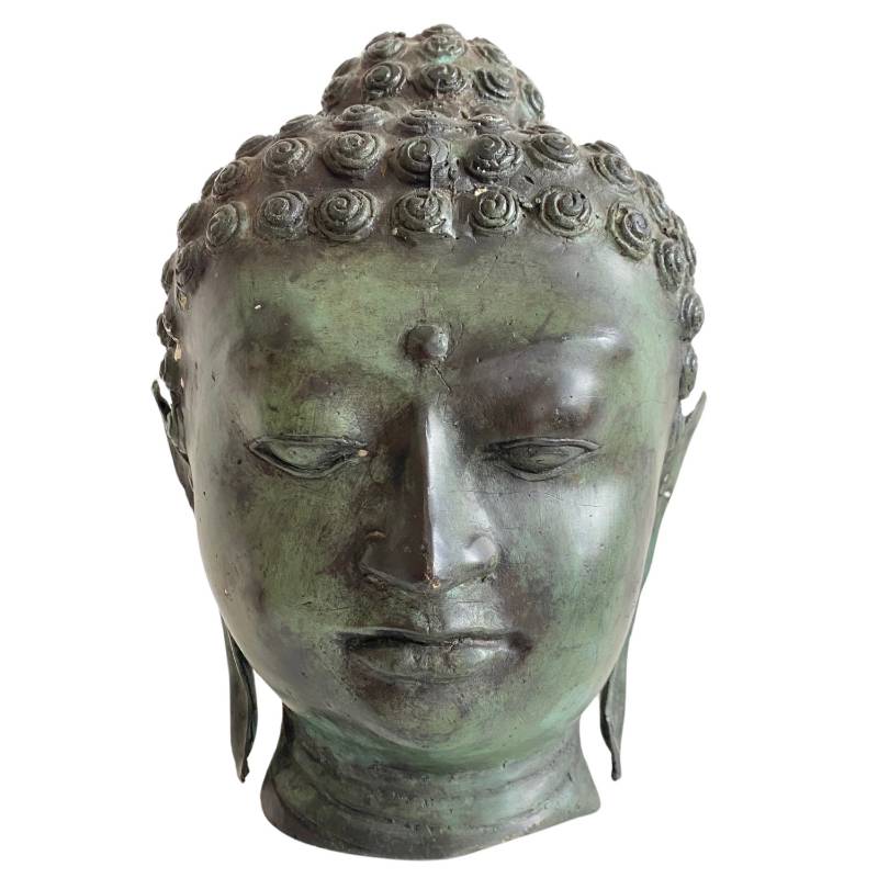 Old Thai Bronze Buddha Head with Serene Expression – front view