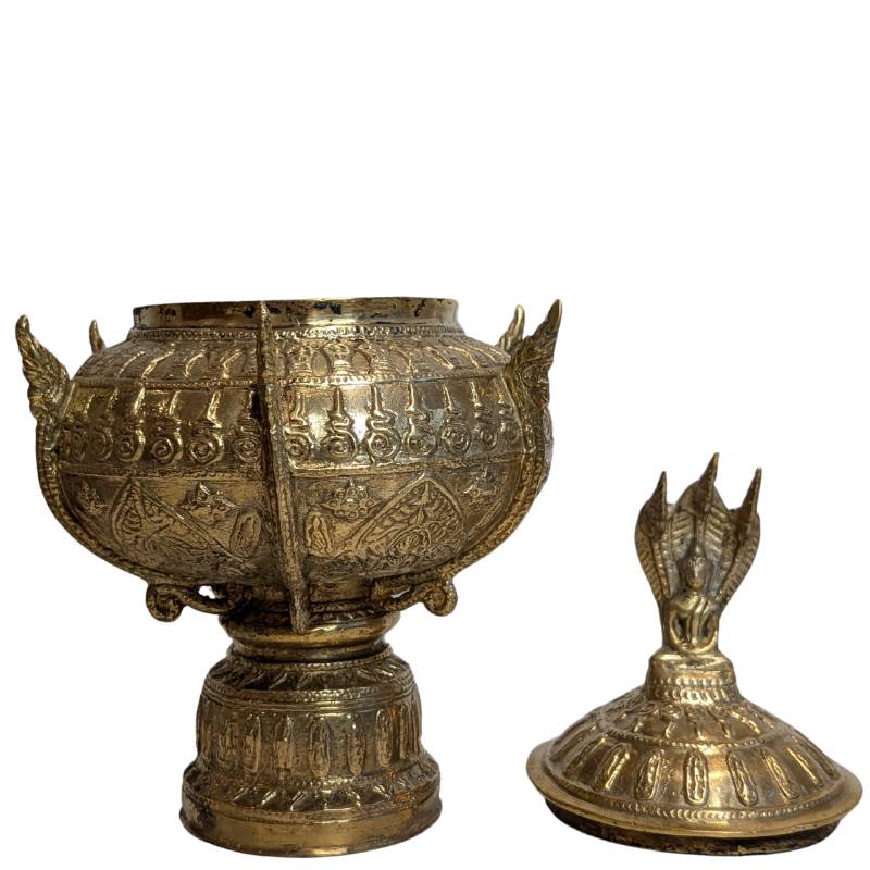Natural aged patina on the bronze vessel