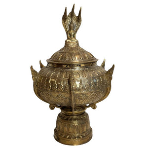 Old Thai Bronze Ritual Offering Bowl with Naga Lid – 34 cm