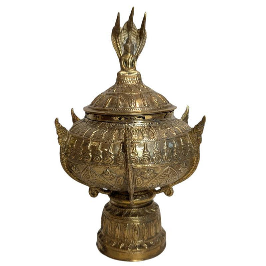 Old Thai bronze Buddhist ritual offering bowl with lid