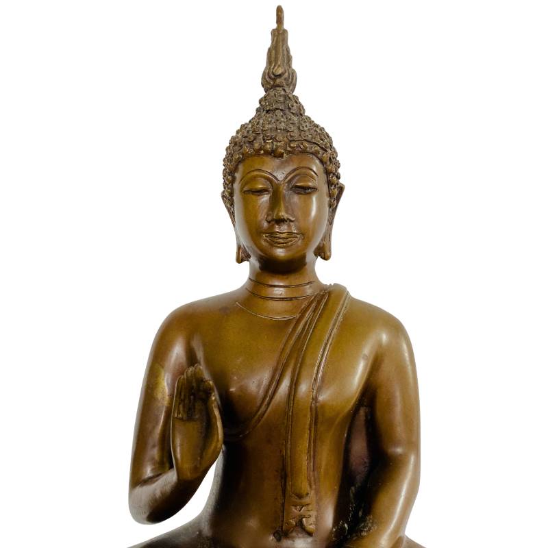 Old Thai Buddha – Bronze with Gilt Traces, 33 cm – close view of the upper section