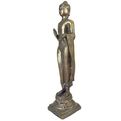 Old Thai Standing Buddha – Bronze, Abhaya Mudra, 31 cm – opposite three-quarter front view