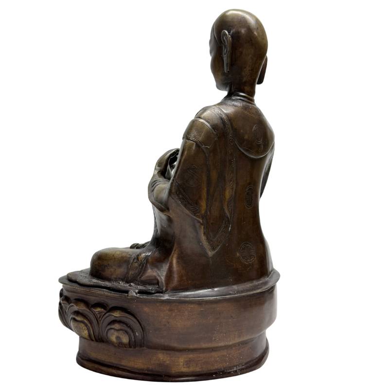 Old Tibetan Lama – Heavy Bronze on Lotus Base, 38 cm – right three-quarter rear view