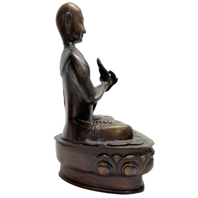 Old Tibetan Lama – Heavy Bronze on Lotus Base, 38 cm – left-side view