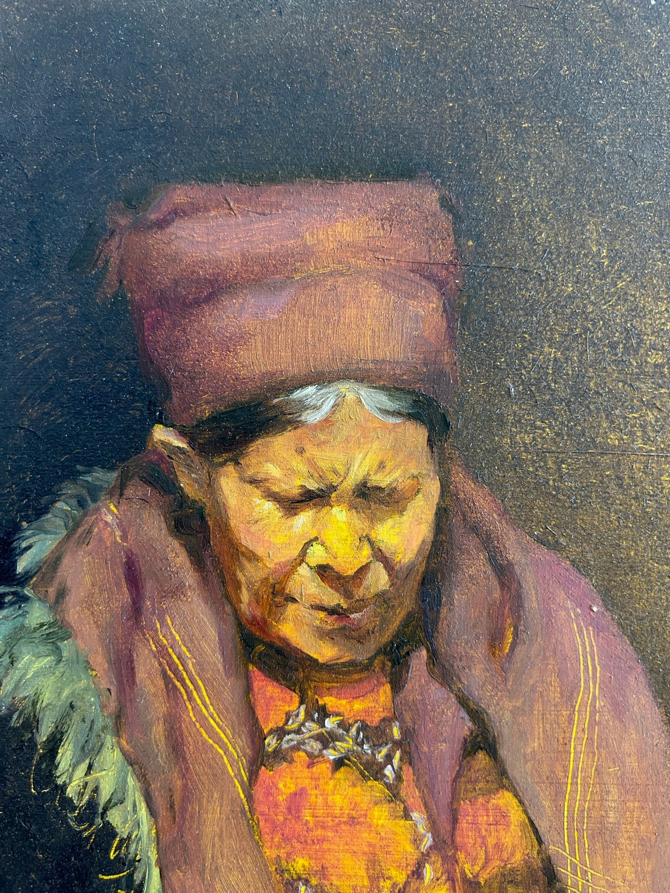 Gedetailleerd olieverfportret van een oudere vrouw in realistische stijl door kunstenaar Li Feng.