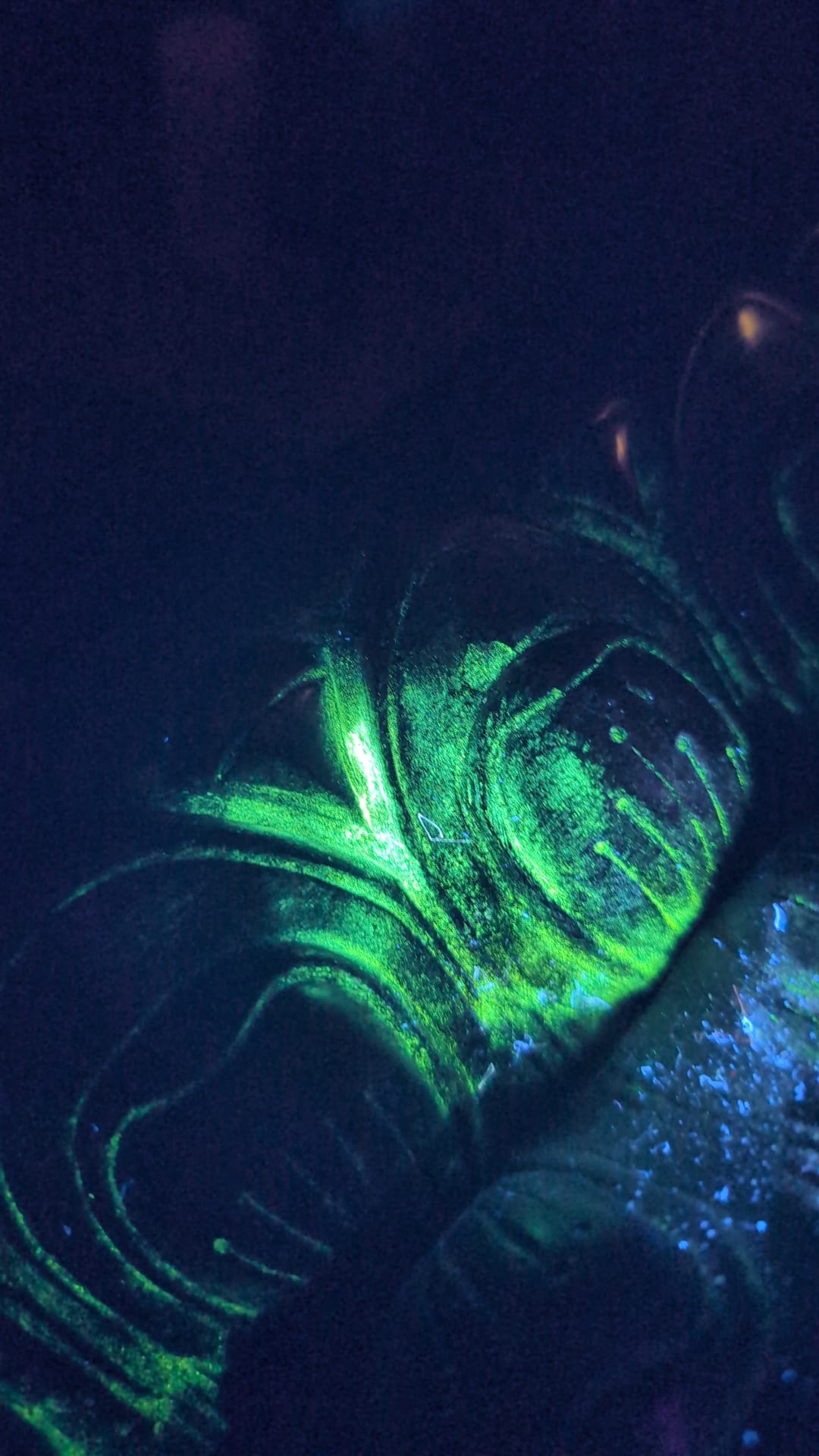 Organische sporen ritueel gebruik metaal historisch bewijs tempeldienst boeddhisme. met UV lamp