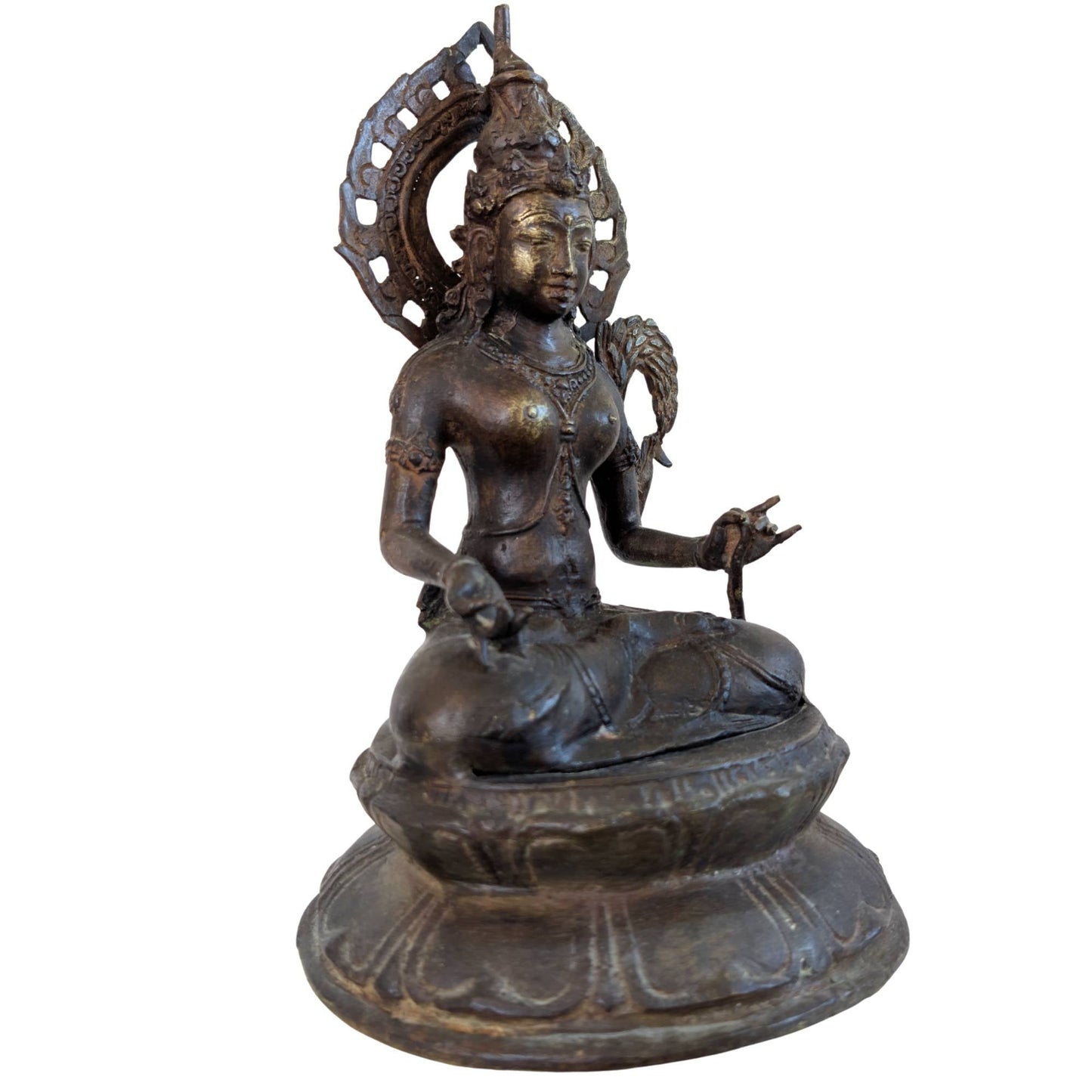 Antiek bronzen bodhisattva beeld met resten van vuurvergulding