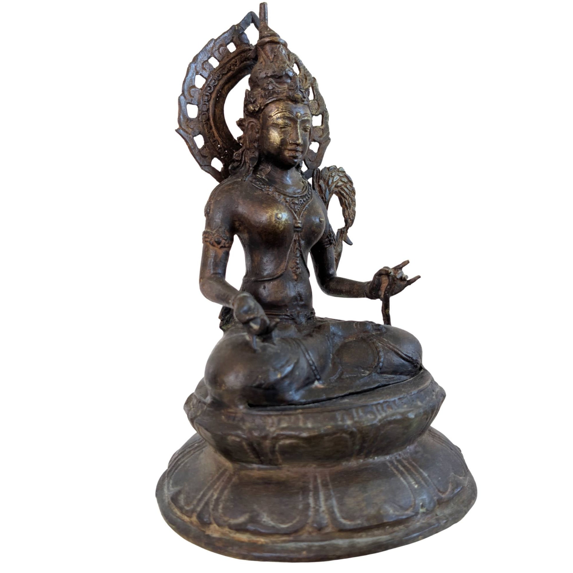 Antiek bronzen bodhisattva beeld met resten van vuurvergulding