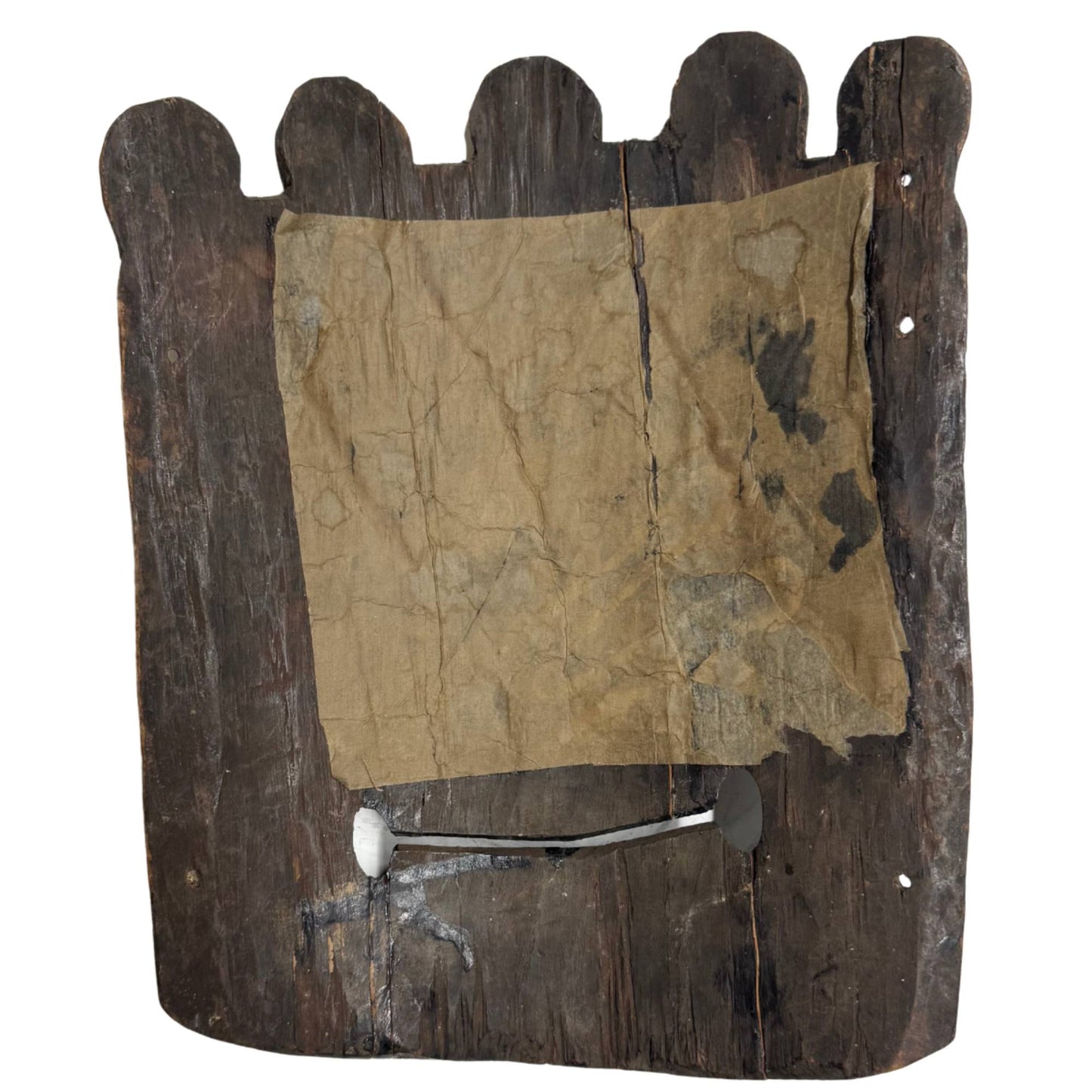Oud Himalaya masker uit Nepal, handgesneden houten ritueel masker met authentieke gebruikssporen