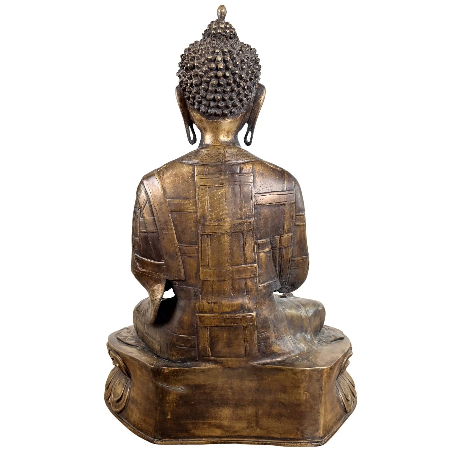 Oude bronzen Boeddha met handmudra en zichtbare resten van vuurvergulding