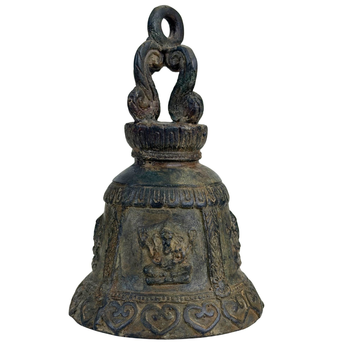 Oude bronzen tempelbel met Ganesha reliëf en natuurlijke patina