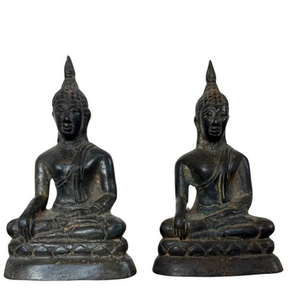 Front view of pair of antique Thai bronze Buddhas in Bhumisparsha Mudra