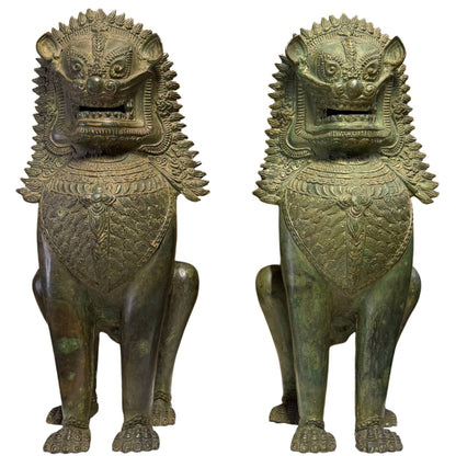 Front view of pair of bronze Singha temple lions