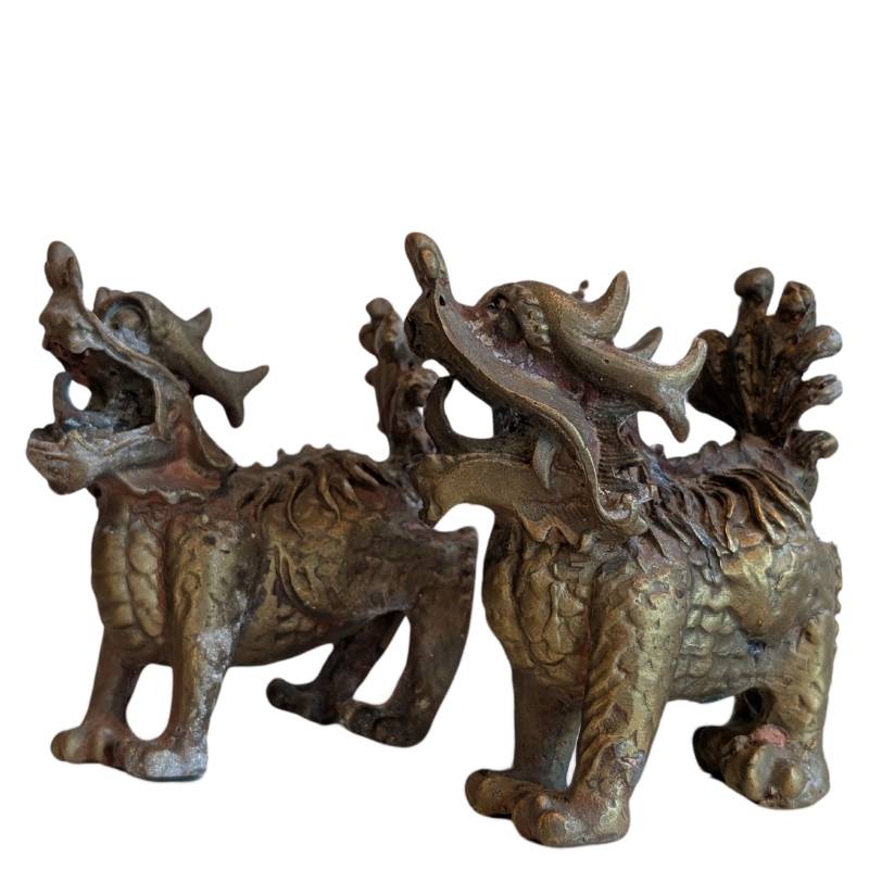 Pair of Chinese Bronze Foo Dogs – Temple Guardian Lions – three-quarter front view