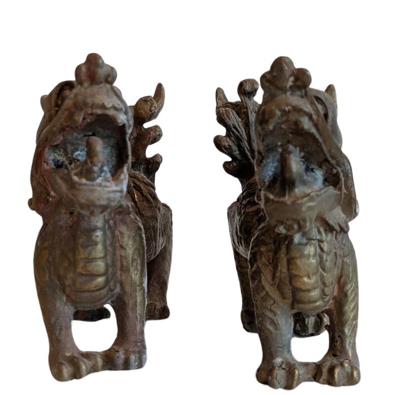 Pair of Chinese Bronze Foo Dogs – Temple Guardian Lions – left-side view