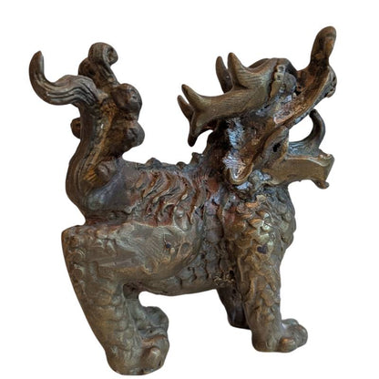 Pair of Chinese Bronze Foo Dogs – Temple Guardian Lions – left three-quarter rear view