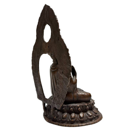 Rear view of both Himalayan bronze Buddhas and their openwork aureoles