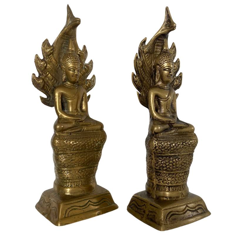 Pair of Naga Buddhas – Brass, Mekong Region, 21–22 cm – three-quarter front view