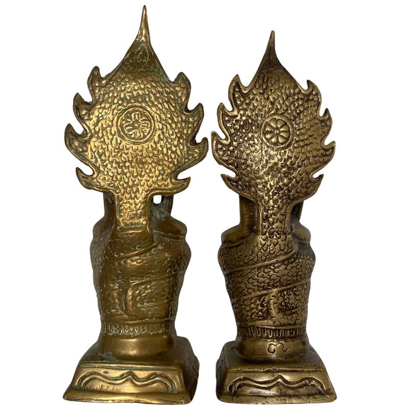 Pair of Naga Buddhas – Brass, Mekong Region, 21–22 cm – left three-quarter rear view