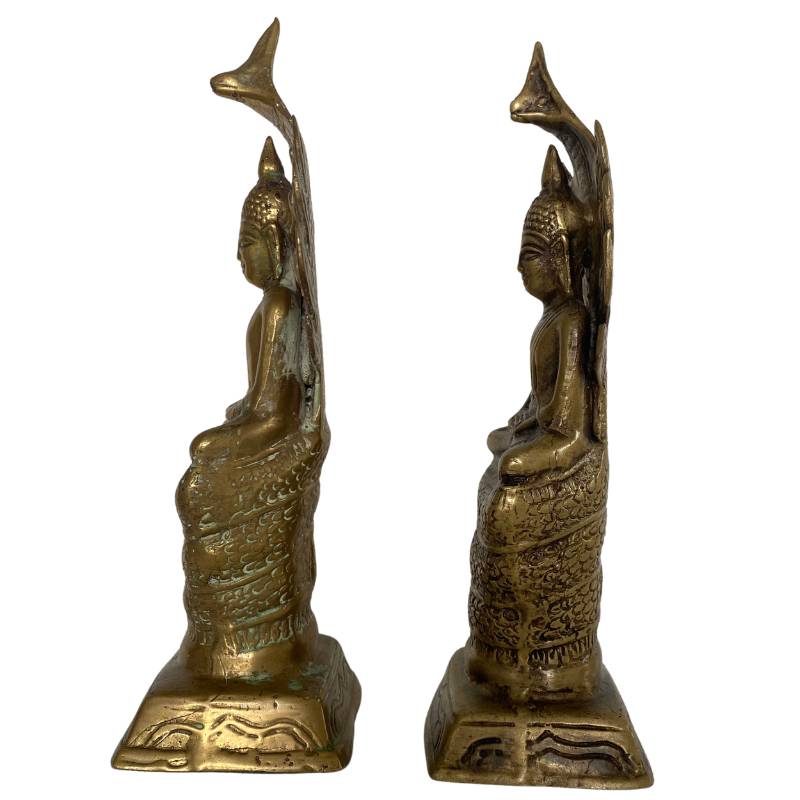 Pair of Naga Buddhas – Brass, Mekong Region, 21–22 cm – right three-quarter rear view