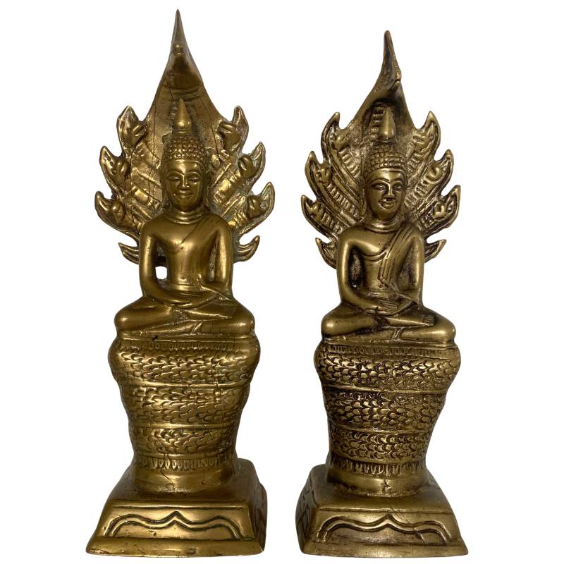 Pair of Naga Buddhas – Brass, Mekong Region, 21–22 cm – front view