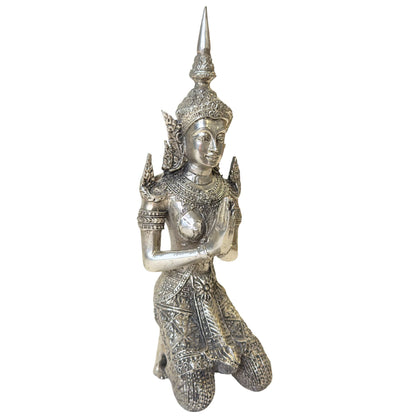 Pair of Thai Thepanom Temple Guardians – Silvered Metal, 17–18 cm – left-side view
