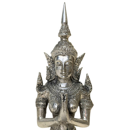 Pair of Thai Thepanom Temple Guardians – Silvered Metal, 17–18 cm – close view of the upper section