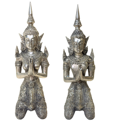 Pair of Thai Thepanom Temple Guardians – Silvered Metal, 17–18 cm – front view