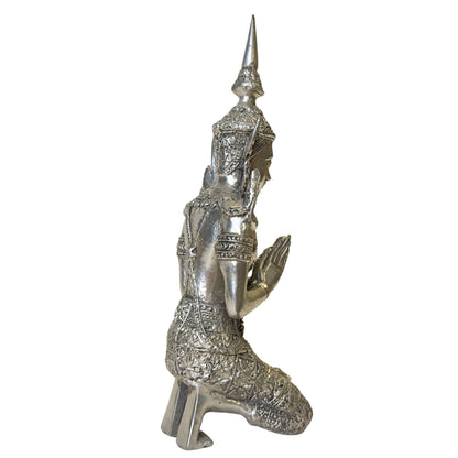 Pair of Thai Thepanom Temple Guardians – Silvered Metal, 17–18 cm – surface and patina detail